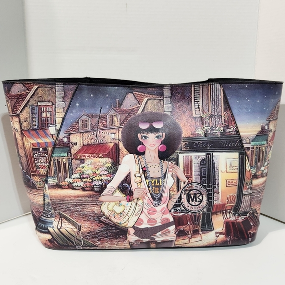 Michael Michelle Large Coated Canvas Printed French Market Scene Tote Bag - Picture 6 of 13